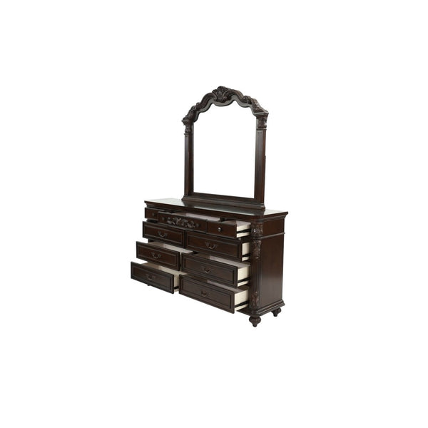 English Elm Traditional Antique Cherry/Walnut Dresser with Mirror, 9 Drawers, Carved Floral Accents, Metal Hardware and Bun Feet B011S01151