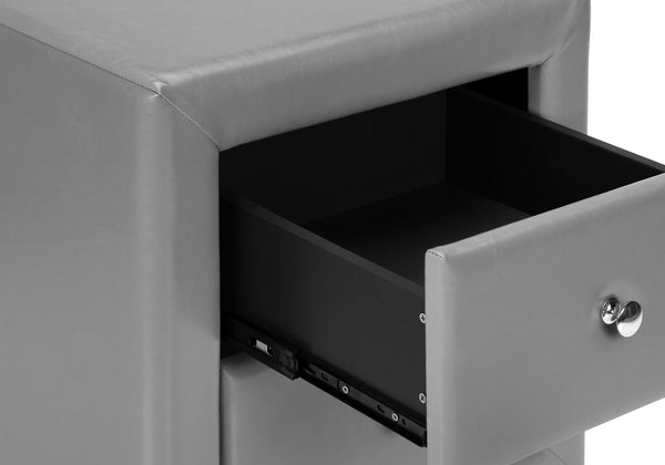 English Elm Nightstand, Upholstered Leather-Look Accent Table with Two Drawers, Chrome Knob, No Assembly Required Grey 22 L x 17 W x 22 H B2710P219501