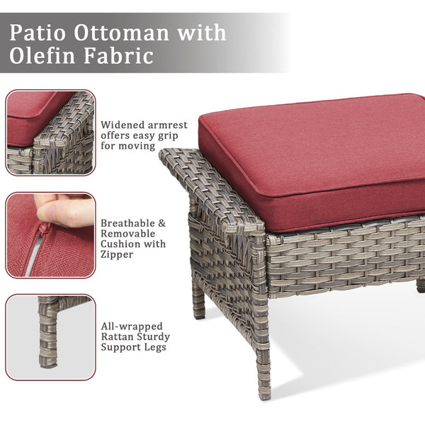 English Elm Outdoor Handwoven Pe Wicker Ottoman Set Patio Footrests with Weather Resistant Cushions Red T3773P416511