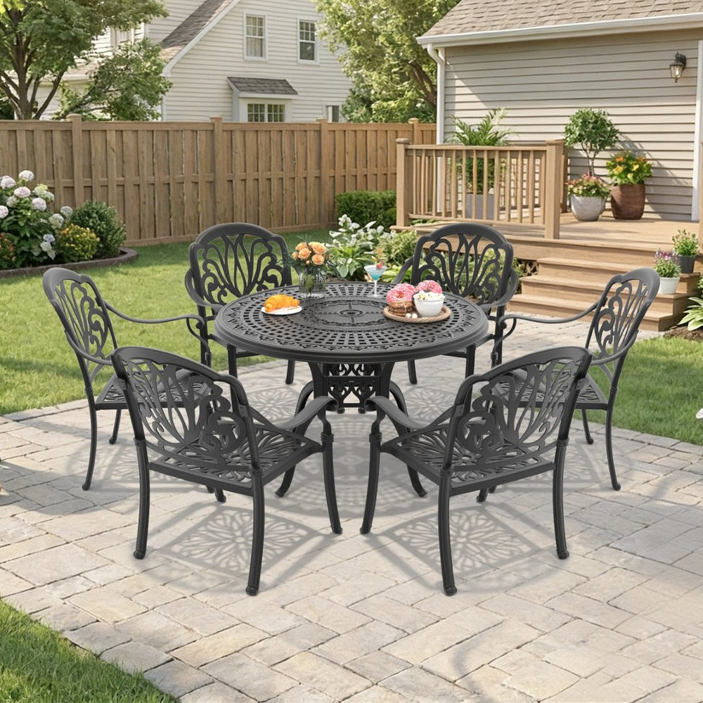 English Elm 7-piece Cast Aluminum Outdoor Dining Set Ornate Floral Patio Furniture Seats Six W1710S00565