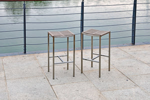 Homeroots Set Of Four 28" Brown And Silver Stainless Steel Backless Bar Height Bar Chairs   372056