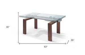 Homeroots 63" Clear And Brown Glass Self-storing Leaf Dining Table   372065