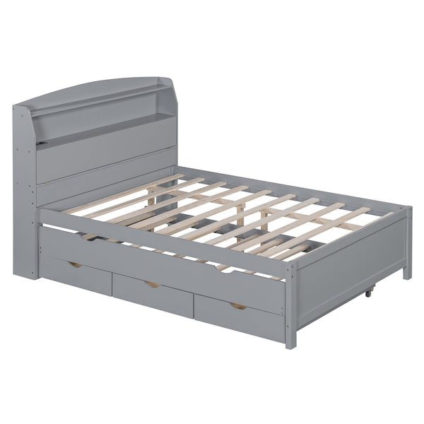 English Elm Full Size Wooden Led Platform Bed With Trundle, Storage Headboard & Usb Charging – Gray Finish N820S10009E