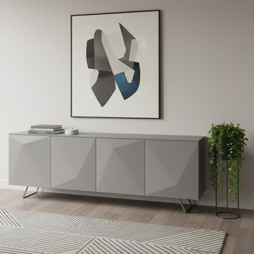 HomeRoots 94 Grey Glass Buffet – Contemporary 94" Console Table with Durable Stainless Steel & Modern Design 372107