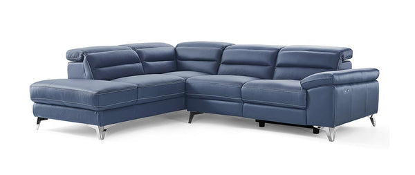 Homeroots Navy Blue Top Grain Leather Reclining L Shaped Two Piece Sofa And Chaise Sectional   372108