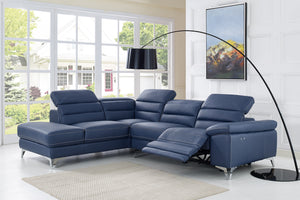 Homeroots Navy Blue Top Grain Leather Reclining L Shaped Two Piece Sofa And Chaise Sectional   372108
