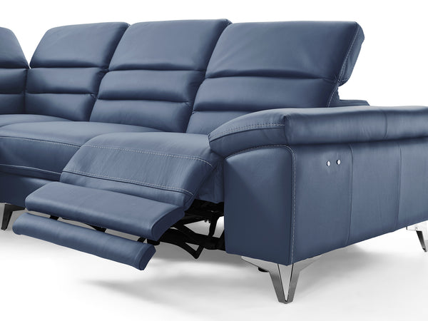 Homeroots Navy Blue Top Grain Leather Reclining L Shaped Two Piece Sofa And Chaise Sectional   372108