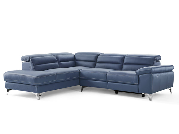 Homeroots Navy Blue Top Grain Leather Reclining L Shaped Two Piece Sofa And Chaise Sectional   372108