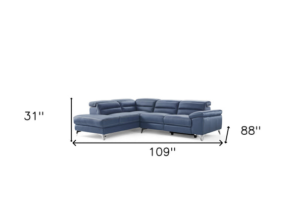 Homeroots Navy Blue Top Grain Leather Reclining L Shaped Two Piece Sofa And Chaise Sectional   372108