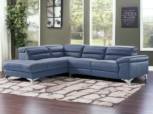 Homeroots Navy Blue Top Grain Leather Reclining L Shaped Two Piece Sofa And Chaise Sectional   372108