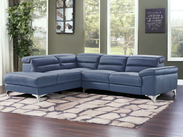 Homeroots Navy Blue Top Grain Leather Reclining L Shaped Two Piece Sofa And Chaise Sectional   372108