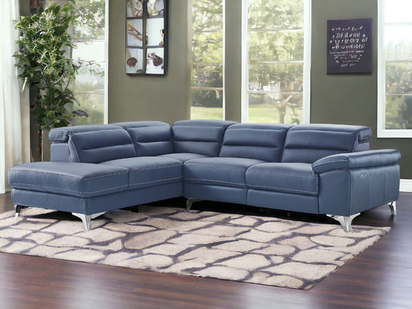 Homeroots Navy Blue Top Grain Leather Reclining L Shaped Two Piece Sofa And Chaise Sectional   372108