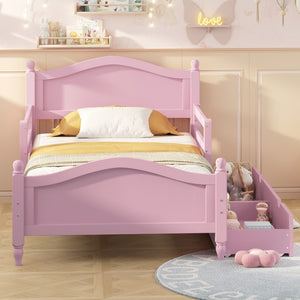 English Elm Twin Size Wood Platform Bed With Guardrails On Both Sides and Two Storage Drawers ,Pink