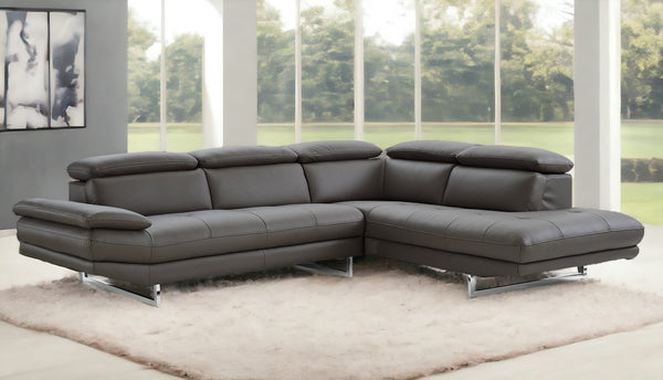 Homeroots Dark Gray Genuine Leather L Shaped Two Piece Sofa And Chaise Sectional   372121