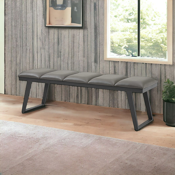 Homeroots 57" Gray Upholstered Faux Leather Bench  Metal 372147