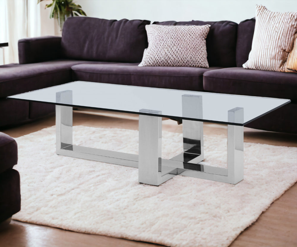 Homeroots 59" Clear And Silver Glass And Steel Coffee Table   372173