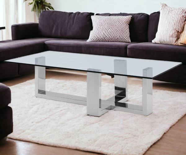 Homeroots 59" Clear And Silver Glass And Steel Coffee Table   372173
