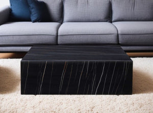 HomeRoots 35" Black Genuine Marble Coffee Table with Brass Accents – Modern Mobility & Chic Design for Any Space 372181