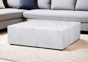 HomeRoots 35" White Genuine Marble Square Coffee Table with Brass Accents – Modern Design for Any Space 372182