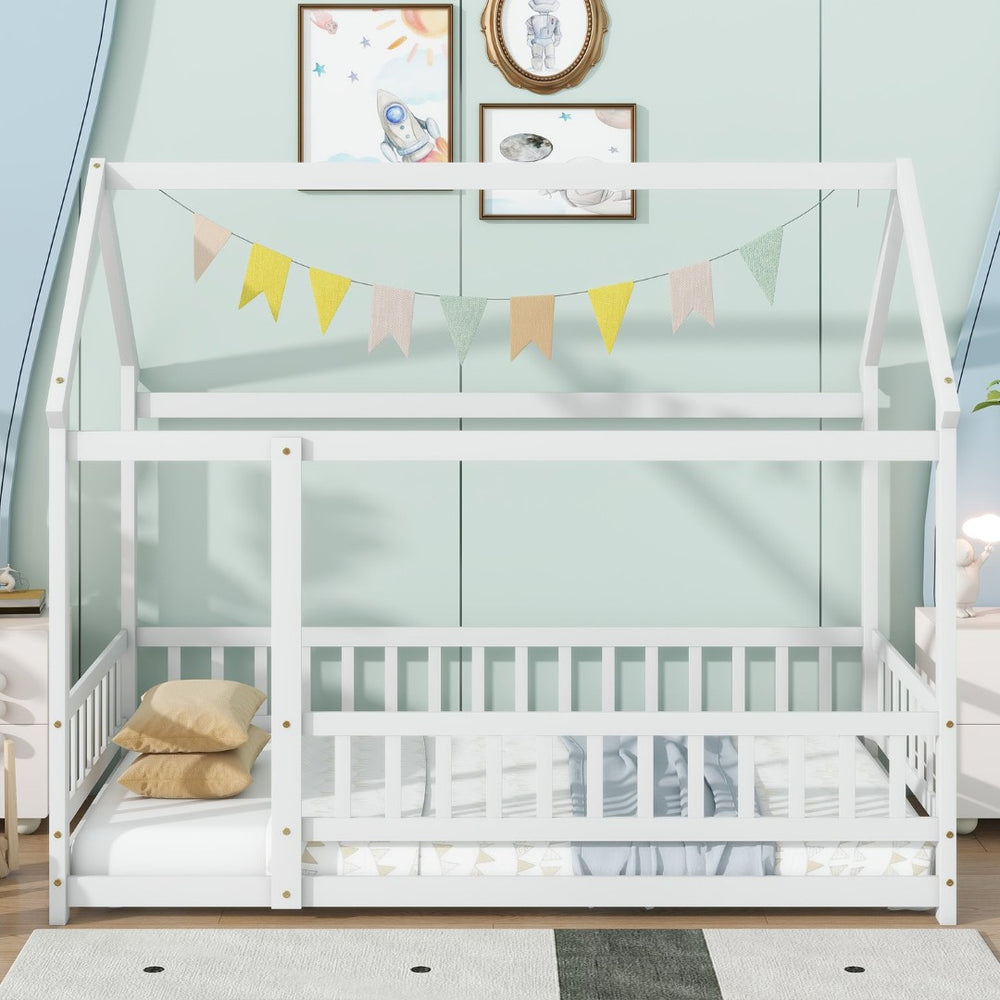 English Elm Twin Size House Floor Bed With Roof Frame & Safety Guardrails - Cozy Wooden Design For Kids' Rooms W504P286403-GIGA