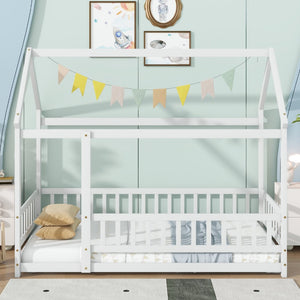 English Elm Twin Size House Floor Bed With Roof Frame & Safety Guardrails - Cozy Wooden Design For Kids' Rooms W504P286403-GIGA