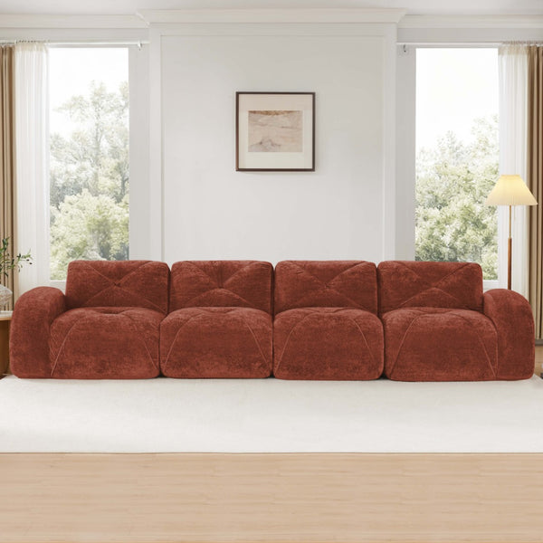 English Elm 140''soft Velvet Modular Cloud Sofa Tufted Plush Seating for Living Room or Home Theater Red+Brown W714S01609