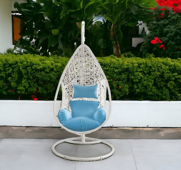 Homeroots 40" Blue And Steel Stand Finished Metal Outdoor Swing Chair With Blue Cushion  Metal 372211