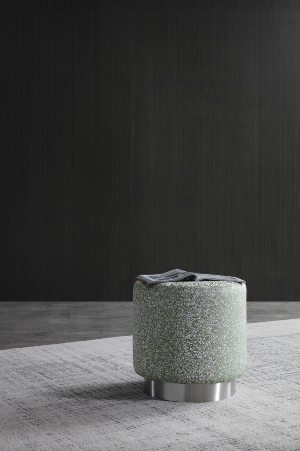 Homeroots 19" Green Linen And Silver Round Footstool Ottoman   372238