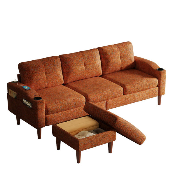 English Elm Convertible Modular 3-Seater Sofa with Removable Ottomans, Dual Side Storage and Versatile Layouts Orange W2012P318979