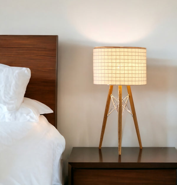 Homeroots 21" Brown Solid Wood Tripod Lamp With Brown And White Drum Shade   372286