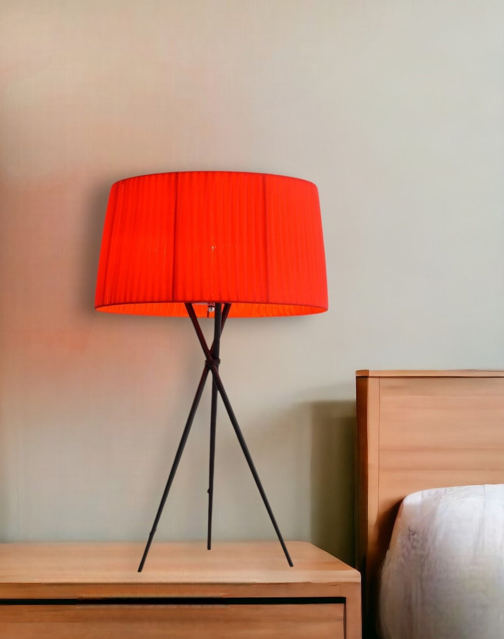 Homeroots 30" Black Metal Tripod Table Lamp With Red Empire Shade   372299