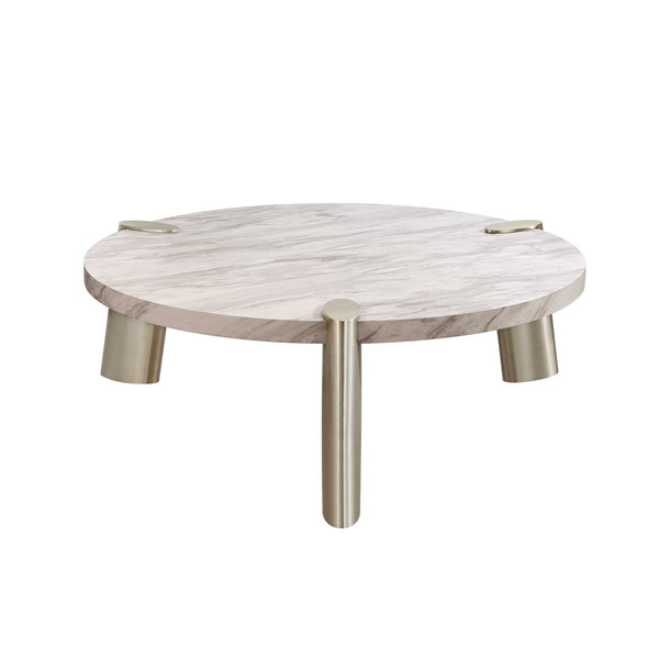 Homeroots 48" Gold And White Genuine Marble Round Coffee Table   372310