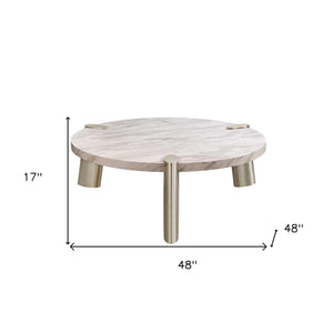 Homeroots 48" Gold And White Genuine Marble Round Coffee Table   372310