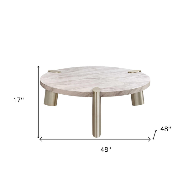 Homeroots 48" Gold And White Genuine Marble Round Coffee Table   372310