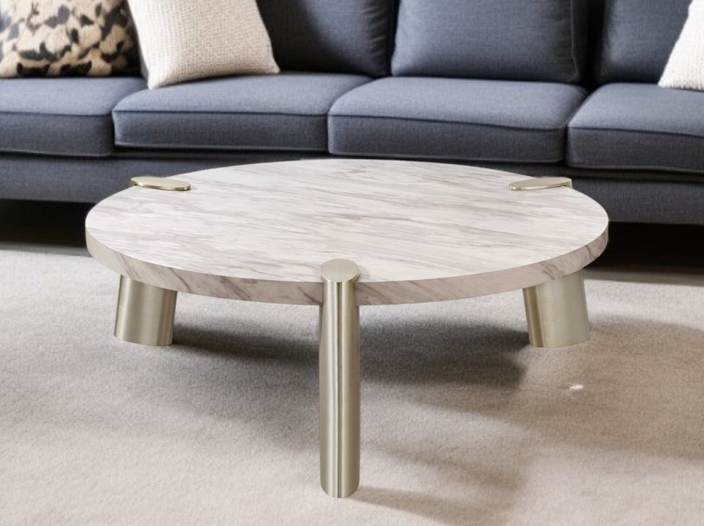 HomeRoots 48" Elegant White Marble & Silver Stainless Steel Round Coffee Table for Modern Living Spaces 372310