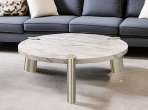 HomeRoots 48" Elegant White Marble & Silver Stainless Steel Round Coffee Table for Modern Living Spaces 372310