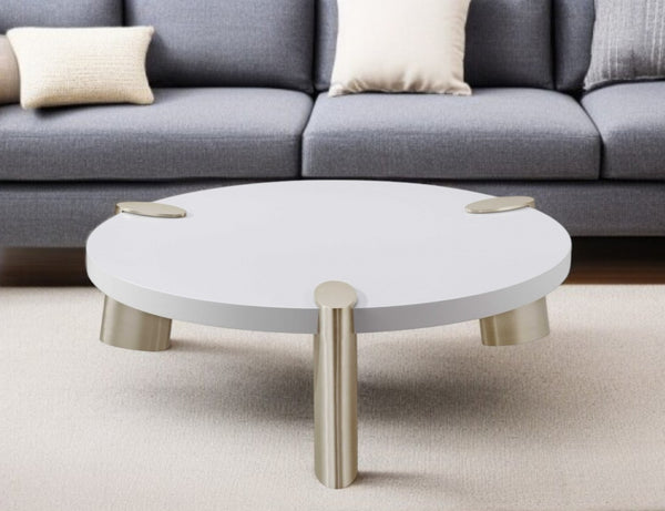 HomeRoots 40" Modern White and Gold Round Coffee Table - Sleek Design for Glam Living Spaces and Offices 372311