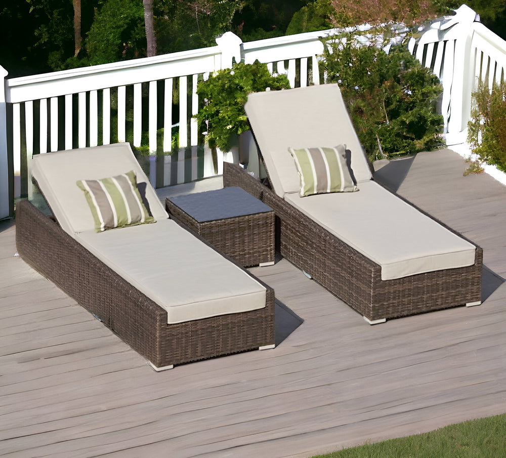 Homeroots 78" Set Of Two Brown Indoor Outdoor Chaise Lounge With Beige Cushion  Rattan 372316