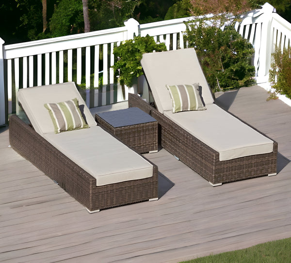 Homeroots 78" Set Of Two Brown Indoor Outdoor Chaise Lounge With Beige Cushion  Rattan 372316