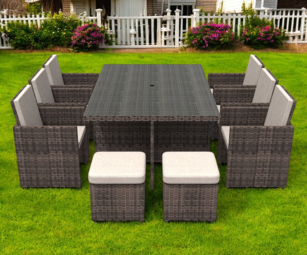 HomeRoots 11 Piece Clear and Gray Glass Dining Set – Modern Outdoor Elegance for Gatherings and Entertaining 372320