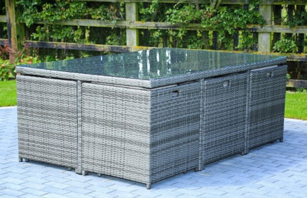 HomeRoots 11 Piece Clear and Gray Glass Dining Set – Modern Outdoor Elegance for Gatherings and Entertaining 372320