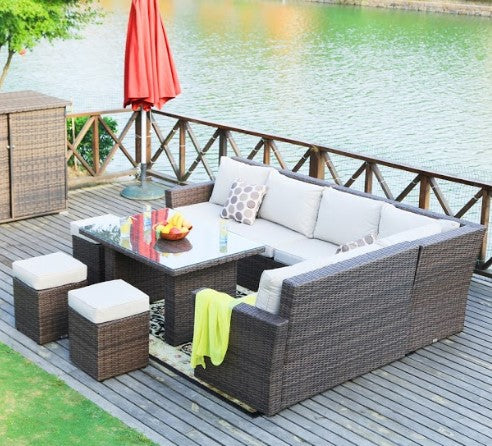 Homeroots 180.96" X 33.54" X 34.71" Brown 8piece Outdoor Sectional Set With Cushions  Polyethylene 372321