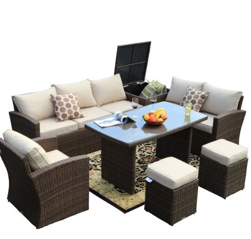 Homeroots 179.85" X 31.89" 32.68" Brown 7piece Steel Outdoor Sectional Sofa Set With Ottomans And Storage Box  Polyethylene 372322