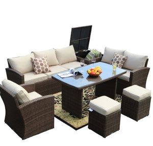 Homeroots 179.85" X 31.89" 32.68" Brown 7piece Steel Outdoor Sectional Sofa Set With Ottomans And Storage Box  Polyethylene 372322