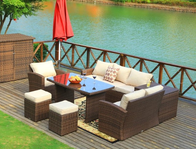 Homeroots 179.85" X 31.89" 32.68" Brown 7piece Steel Outdoor Sectional Sofa Set With Ottomans And Storage Box  Polyethylene 372322