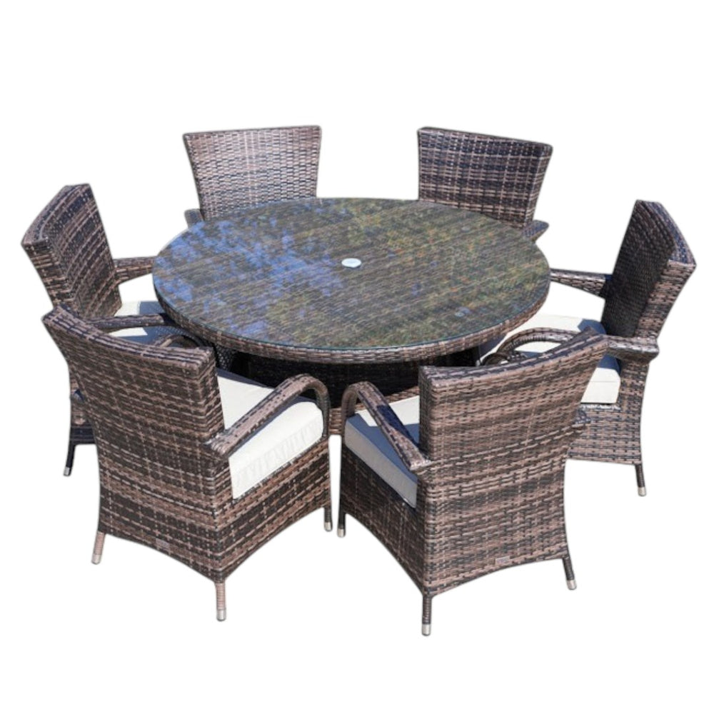 HomeRoots Seven Piece Clear and Gray Round Glass Dining Set - Stylish Outdoor Seating for Effortless Entertaining 372324
