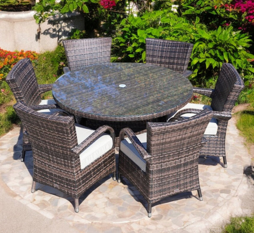 HomeRoots Seven Piece Clear and Gray Round Glass Dining Set - Stylish Outdoor Seating for Effortless Entertaining 372324