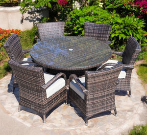 HomeRoots Seven Piece Clear and Gray Round Glass Dining Set - Stylish Outdoor Seating for Effortless Entertaining 372324
