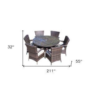 HomeRoots Seven Piece Clear and Gray Round Glass Dining Set - Stylish Outdoor Seating for Effortless Entertaining 372324