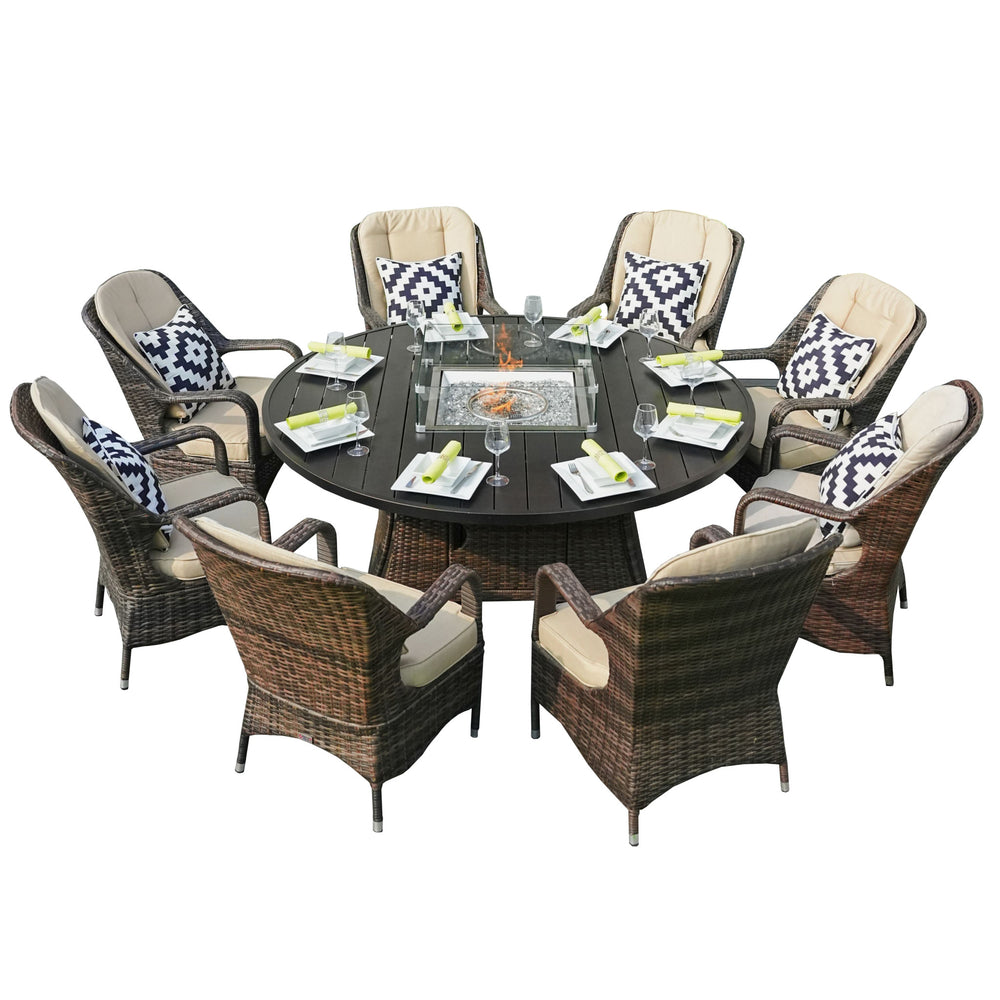 Homeroots Brown Wicker Round Outdoor Fire Pit Dining Set With 8 Chairs   372326